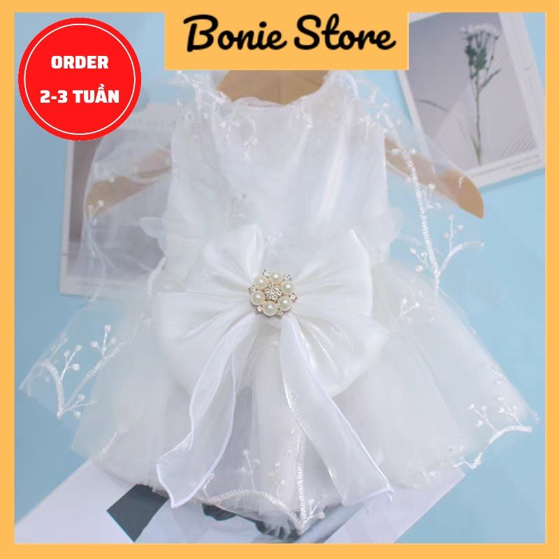 Đầm Công Chúa Váy Cưới Trắng Cho Thú Cưng Chó Mèo Nơ To Đính Ngọc (Order, Có Ảnh Thật)