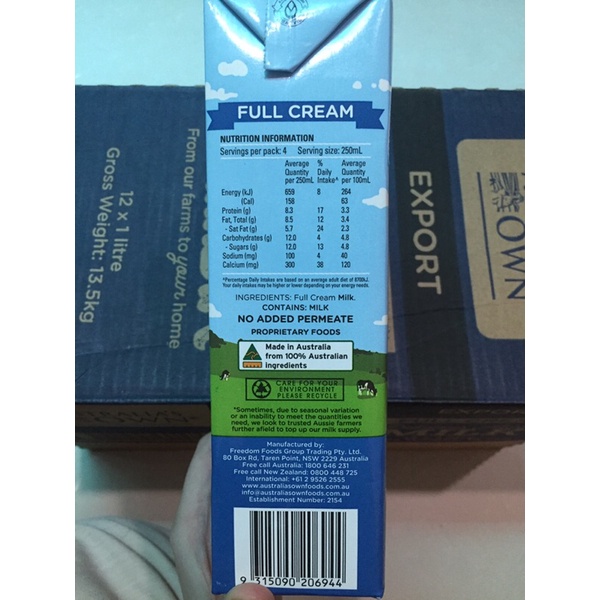 Hộp 1 lít sữa tươi OWN Úc không đường nuôi nấm kefir