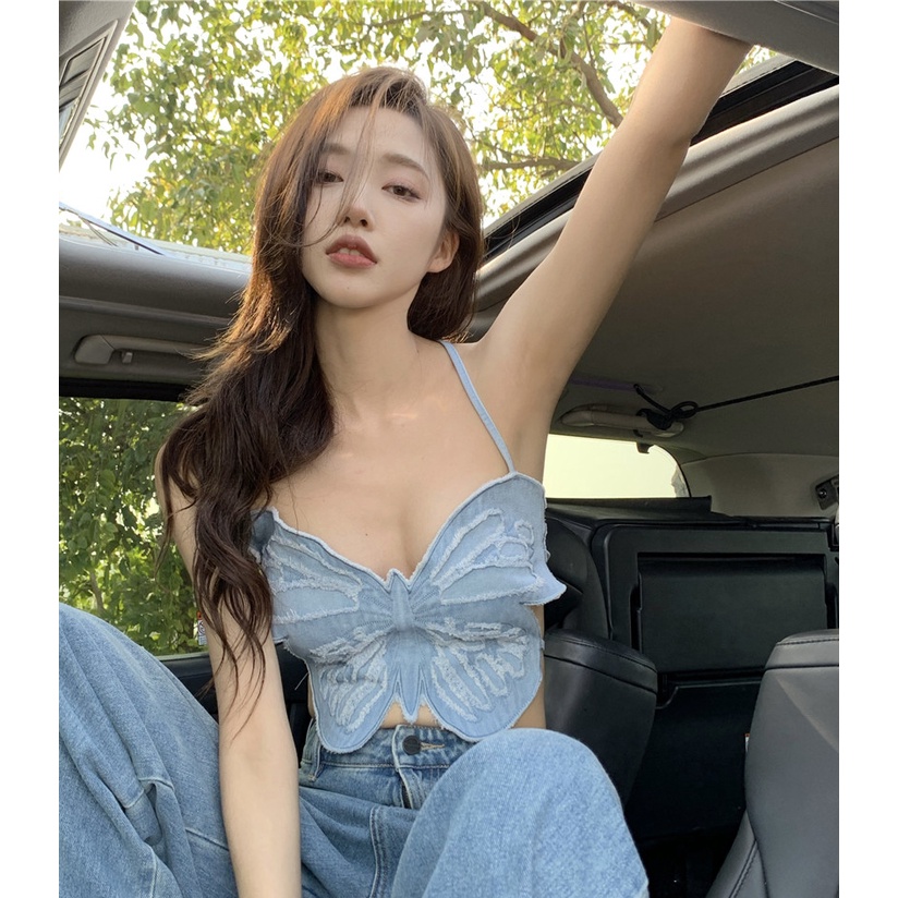 QKOOLE Áo Croptop Không Tay Phong Cách Cao Bồi Thời Trang Hàn Quốc Dành Cho Nữ