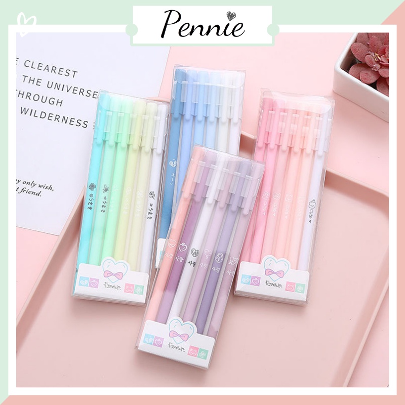 [Mã LIFEXANH03 giảm 10% đơn 500K] Set 6 bút mực gel Morandi Pennie mực đen vỏ màu pastel retro dễ thương ngòi 0.5mm