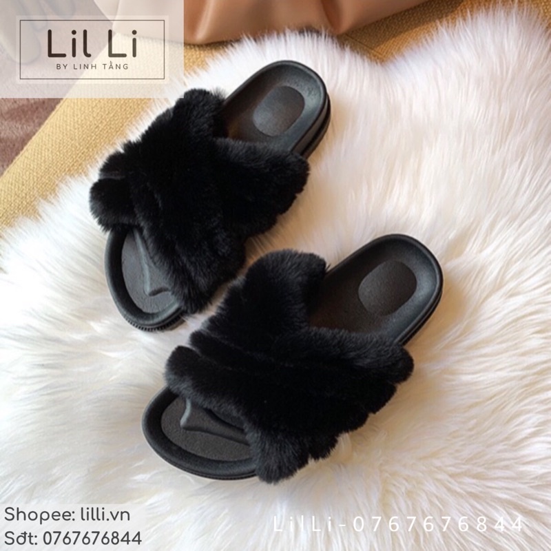 Dép lông quai ngang quai chéo lông xù bản to cao cấp mang trong nhà, văn phòng, đi chơi
