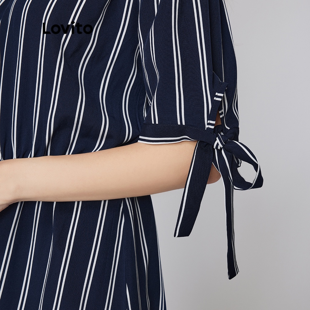 Áo liền quần Lovito phong cách boho kẻ sọc thắt nút hở vai eo co giãn L26LD080 (màu xanh lam)
