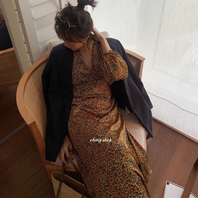 Đầm Eo Cao Cổ Chữ V Dáng Ôm Phong Cách Retro Lãng Mạn Thời Trang Pháp Mới