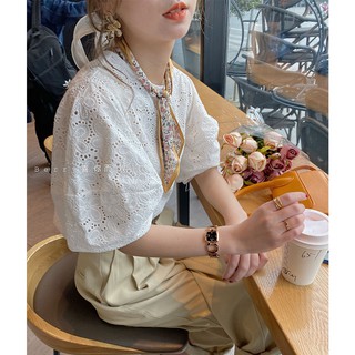 (ORDER) Áo sơ mi nữ cộc tay ren hoa đục lỗ tay phồng nhẹ nhàng vintage điệu đà