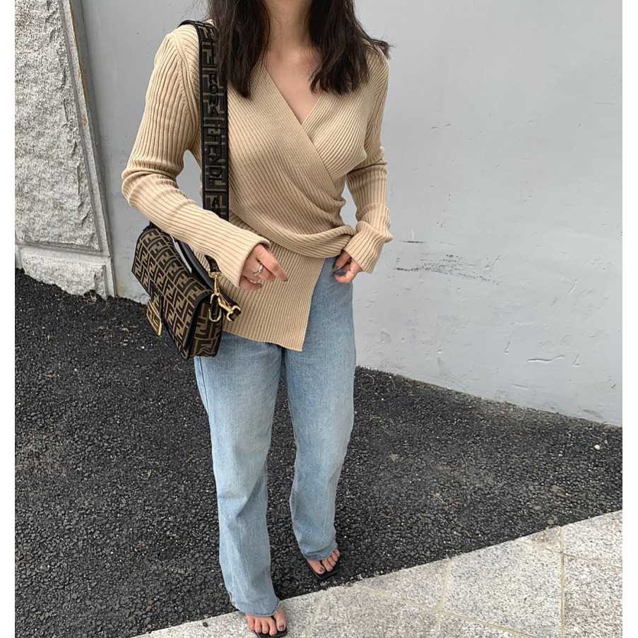 (a256) áo len Hàn Quốc sang trọng mùa thu thanh lịch cổ chữ V vạt chéo vải le dệt kim (kèm ảnh khách) | BigBuy360 - bigbuy360.vn