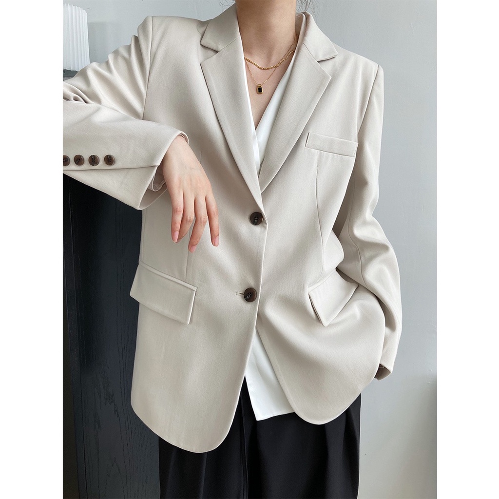 Áo khoác blazer nam form rộng hàn quốc màu đen, kem 2 khuy cài thời trang IKEMEN