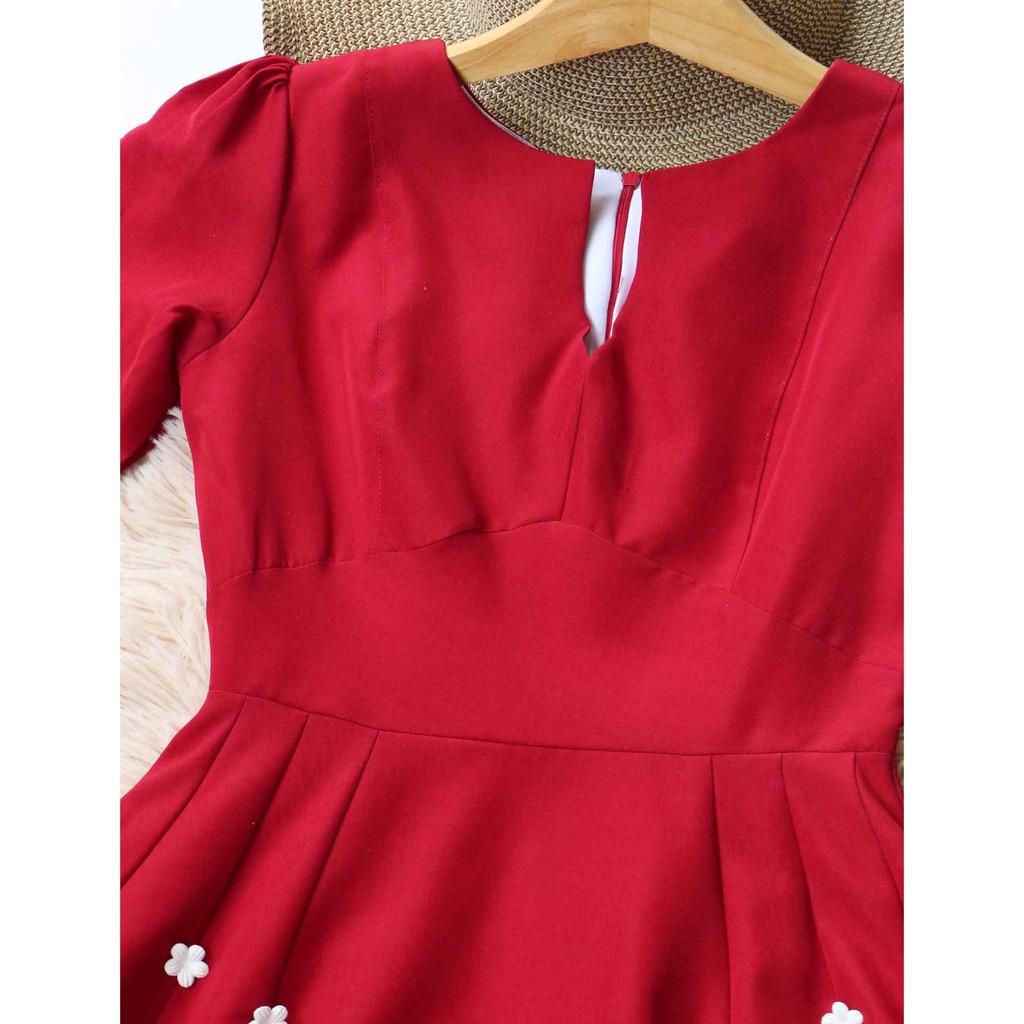 Đầm đỏ dự tiệc cao cấp SÁNG DA CHO NÀNG CHÂN NGẮN CHE BỤNG MỠ đính hoa rơi | BigBuy360 - bigbuy360.vn