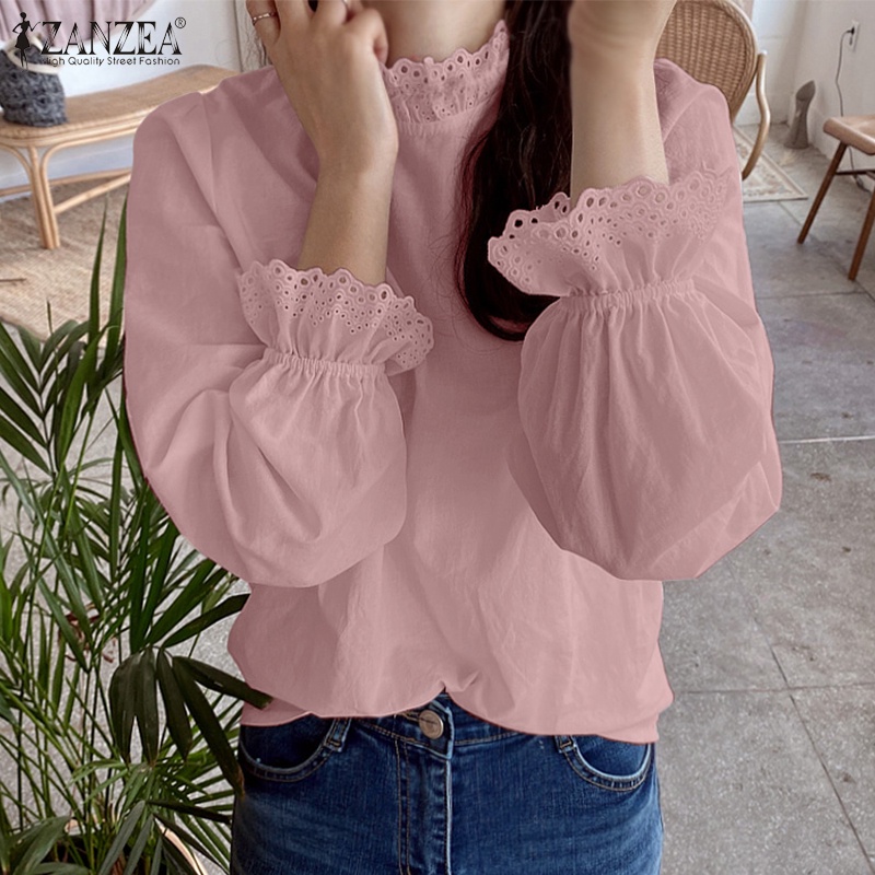 Áo kiểu Zanzea tay dài cổ đứng phối ren phong cách Hàn Quốc thời trang cho nữ