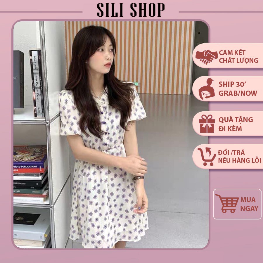 Đầm hoa cúc tím nền trắng tay bồng - Váy babydoll hoa nhí dễ thương | BigBuy360 - bigbuy360.vn