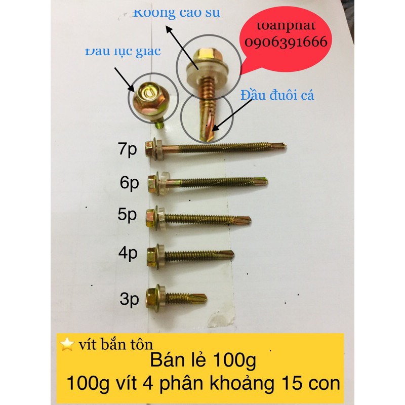 100g vít bắn tôn, đuôi cá đầu lục giác size 3-4-5-6-7 cm (hiệu songlong)
