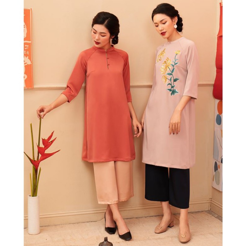 Áo dài nữ cổ tàu thêu họa tiết M2481