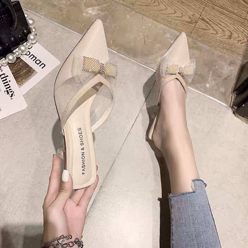 Guốc Zara mũi nhọn nơ ren 7p
