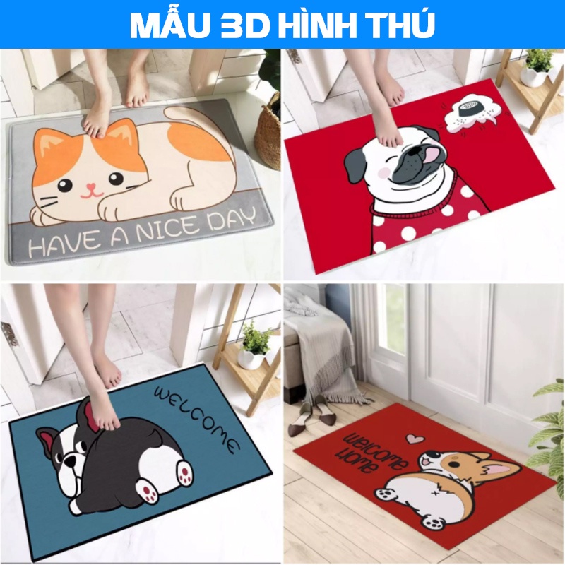 Thảm lau chân, chùi chân hình thú, hoa văn 3D chống trơn trượt, thấm hút tốt 60x40 cm