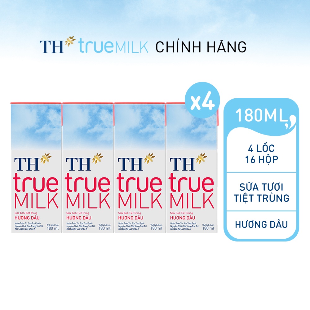 4 Lốc sữa tươi tiệt trùng hương dâu TH True Milk 180ml (180ml x 4 hộp)