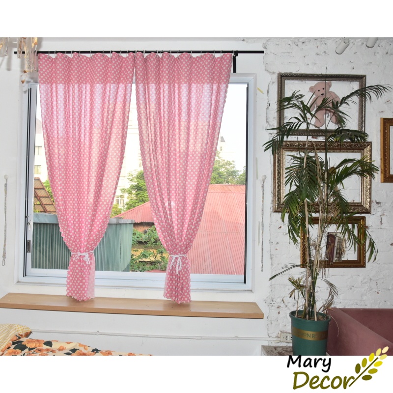Rèm cửa đẹp trang trí vải bố linen đậm chất vintage - họa tiết trái tim trắng nền hồng R-I05