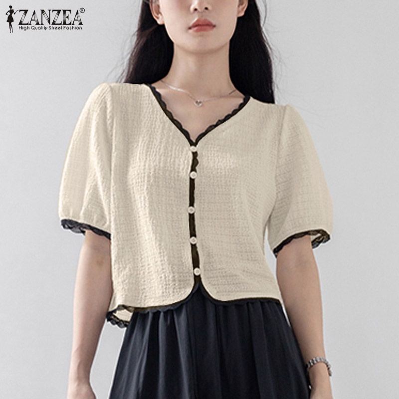 Áo ZANZEA tay phồng cổ chữ V màu tương phản phối viền ren có nút cài phong cách Hàn Quốc ngọt ngào cho nữ