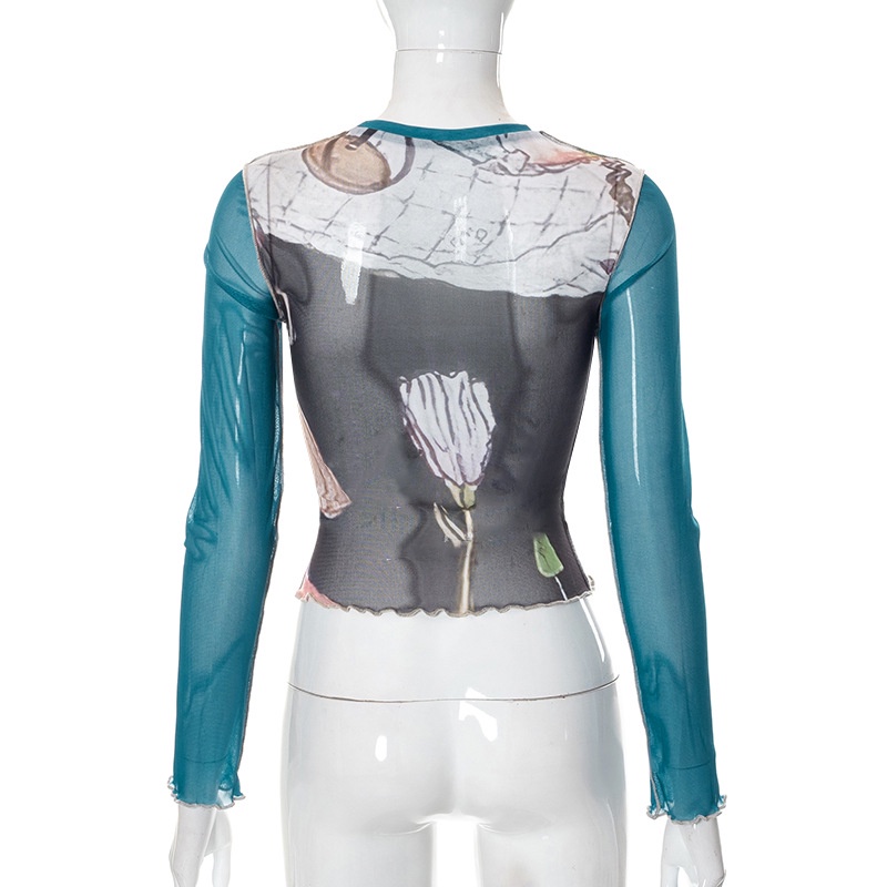 DUNEA Áo thun tay dài phối lưới in họa tiết xinh xắn thời trang cho nữ