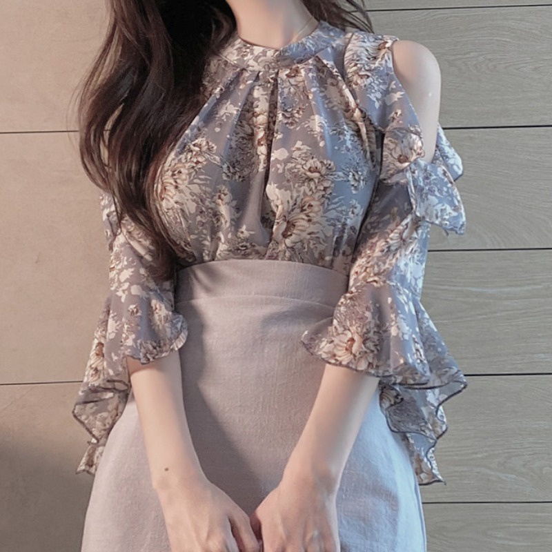 Áo voan hở vai in hoa thời trang hè mới năm 2021