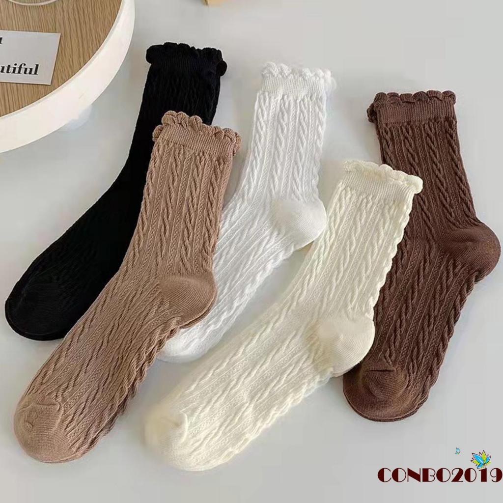 Đôi vớ cotton phối ren nhiều màu sắc trơn tùy chọn thời trang thu đông dành cho nữ