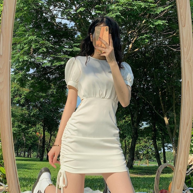 ĐẦM DỰ TIỆC TAY PHỒNG RÚT DÂY HÔNG KHOÉT EO SIÊU PHẨM HOT TREND