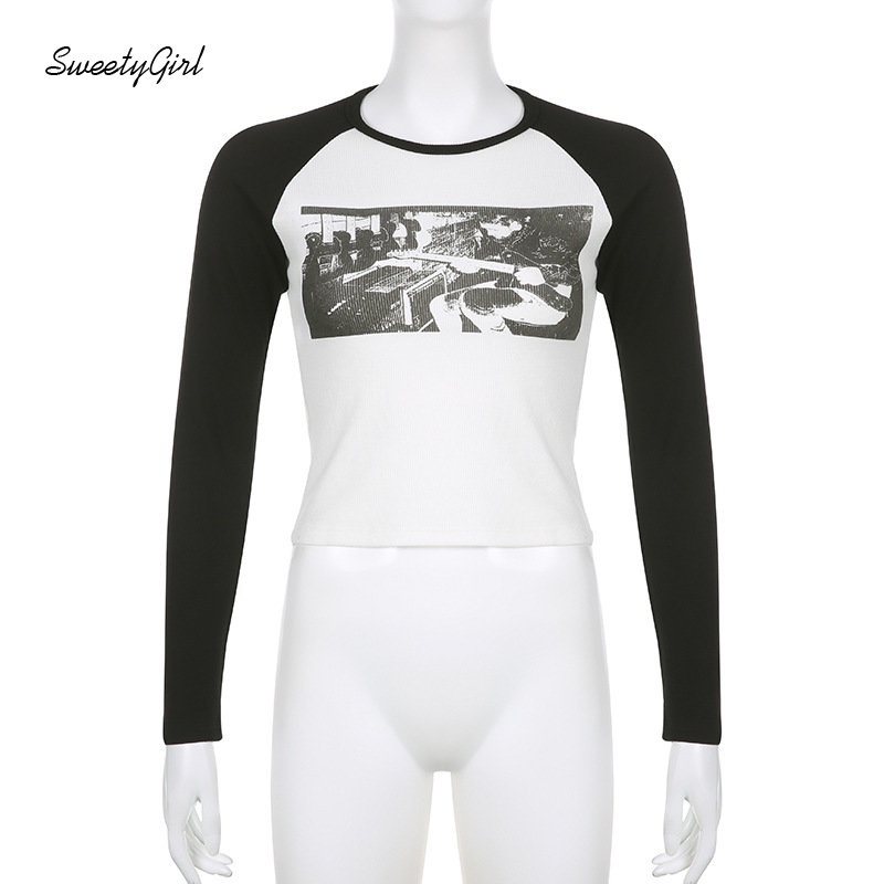 Áo Thun Tay Dài Cổ Tròn In Họa Tiết Màu Tương Phản Thời Trang 2022 Cho Nữ