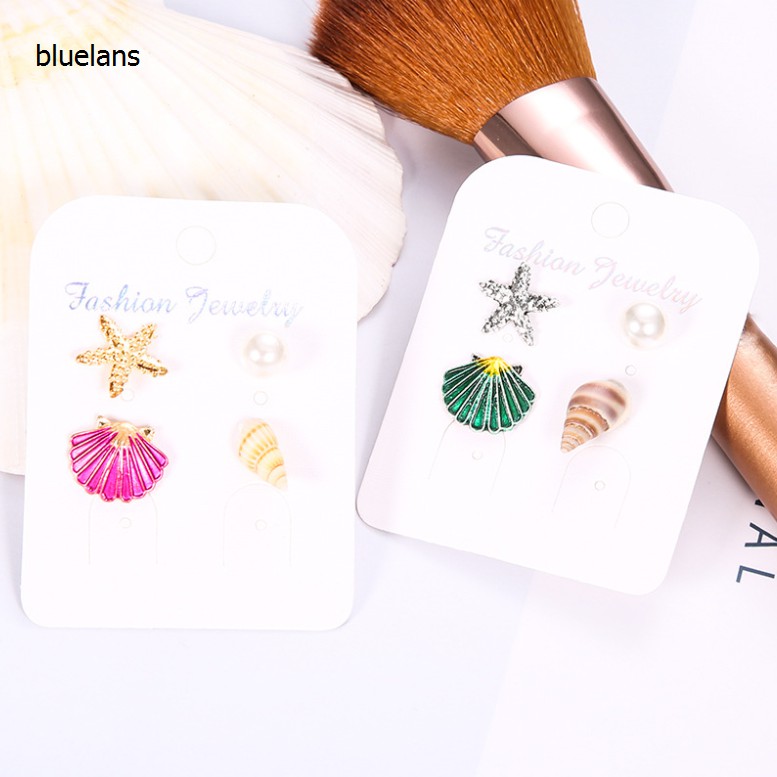 Set 4 Khuyên Tai Tạo Hình Vỏ Sò / Sao Biển / Ngọc Trai Giả Thời Trang Cho Nữ