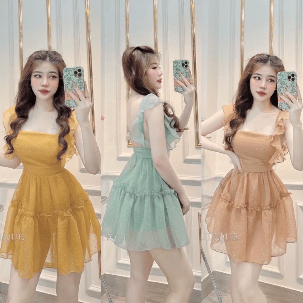 (Free Ship) Đầm Voan Hột Có Lót Quần Hở Lưng Siêu Hack Dáng UP Valetina Shop