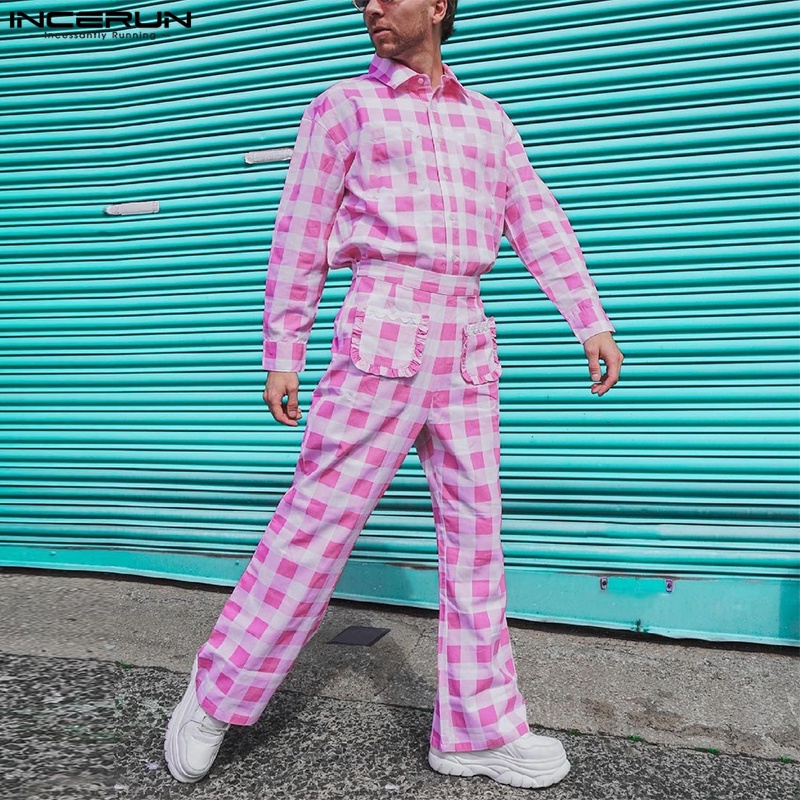 Bộ đồ ngủ 2 món INCERUN gồm áo sơ mi tay dài và quần dài họa tiết caro cá tính cho nam