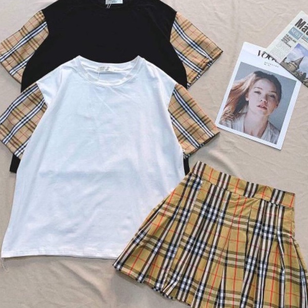 Set Bộ Nữ Áo Phông Cộc Tay Kèm Chân Váy Phối Kẻ Sọc 2 Màu Siêu Xinh
