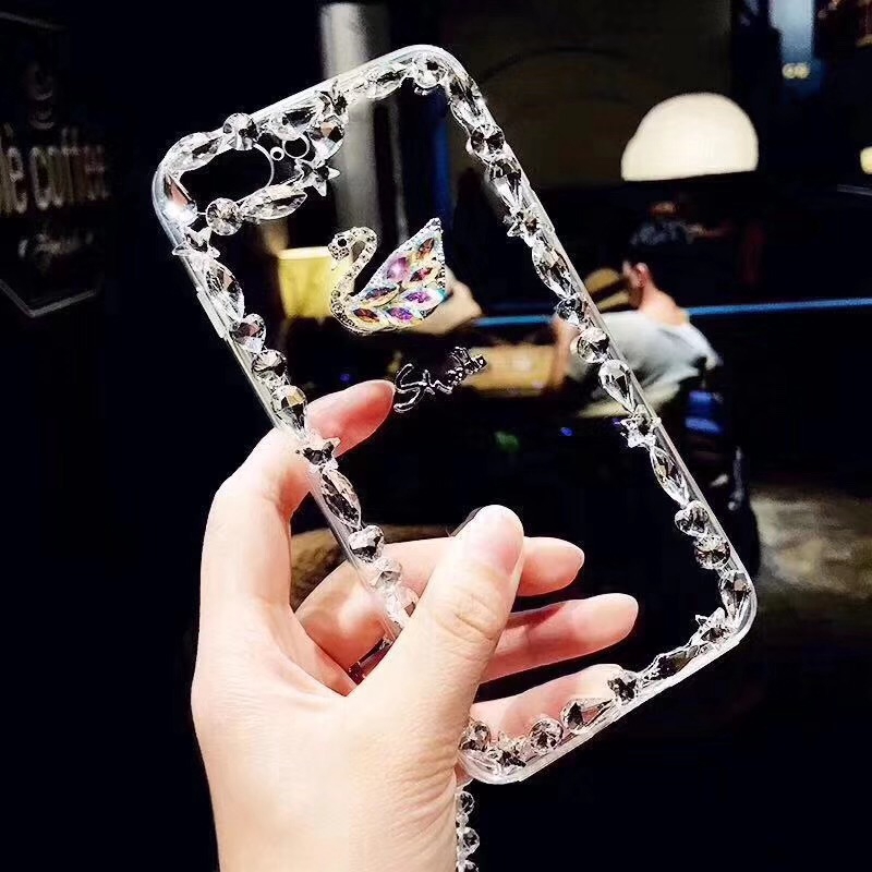 Ốp điện thoại TPU trong suốt có chim thiên nga đính đá và dây đeo cho Samsung A7 J8 A6 A8 Plus 2018 A10 A30 A50 A70 A90