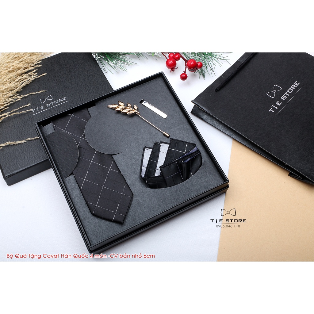 [ QUÀ TẶNG ] Cavat Bộ Cao Cấp Hàn Quốc 4 món Phụ Kiện - Full box kèm túi xách, đen kẻ