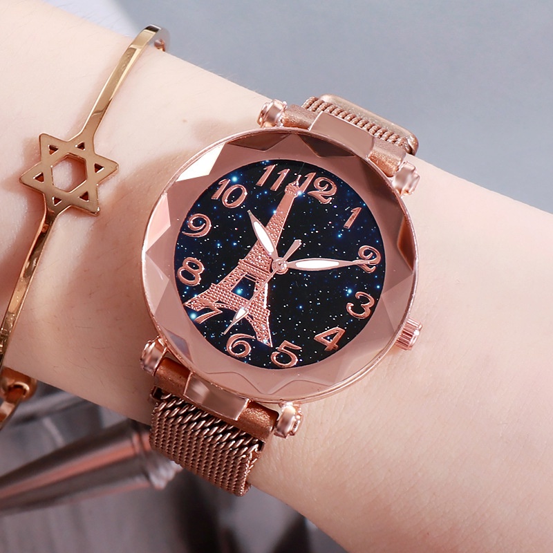 Đồng Hồ Quartz Mặt Tròn Trang Trí Hình Tháp Eiffel Với Dây Đeo Da JP5