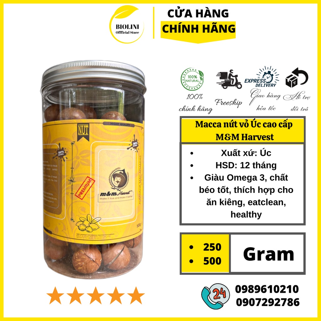 HẠT MACCA NGUYÊN VỎ THƯỢNG HẠNG m&amp;m Harvest nhập khẩu trực tiếp từ Úc( vỏ mỏng, ruột vàng, giòn, ngọt) 250g/500g