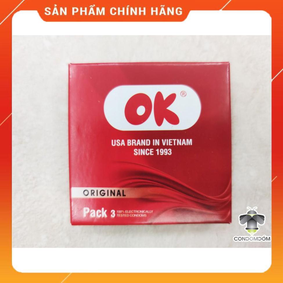 Bao cao su OK Original đỏ trơn, 49mm, bao cao su kế hoạch hóa gia đình giá rẻ hộp 3 chiếc