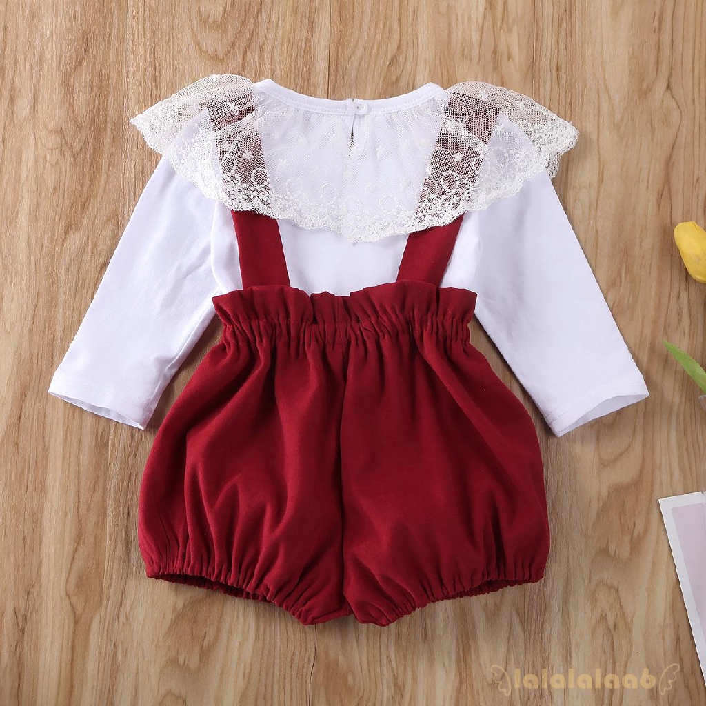 Set áo tay dài phối bèo + quần yếm ngắn dành cho bé gái
