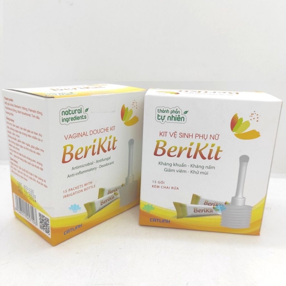 Bộ thụt rửa vệ sinh phụ nữ Berikit kèm 15 gói muối - dung dịch vệ sinh phụ khoa rửa sâu - của dược Cát Linh