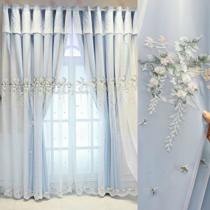 Vải rèm voan thêu hoa thiên lý, chân ren thêu sẵn