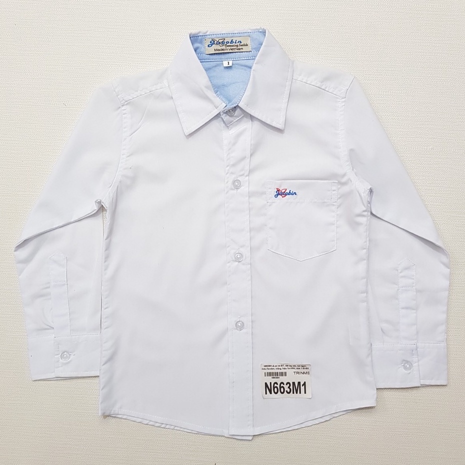 N663M1- Áo sơ mi bé trai, dài tay nhí, túi ngực, thêu facobin, màu trắng, size 1-8/ri8 - Made In Vietnam