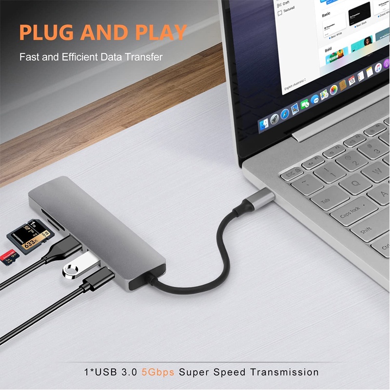 Đầu Đọc Thẻ Nhớ USB C TF / SD 6 Trong 1 Cổng Type C 2 Cổng USB 3.0 4K HDMI Cho Máy Tính