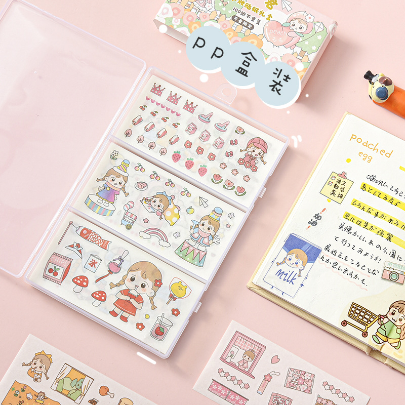 Hộp 100 tờ nhãn dán họa tiết bé gái hoạt hình đáng yêu trang trí sổ tay sổ lưu niệm DIY