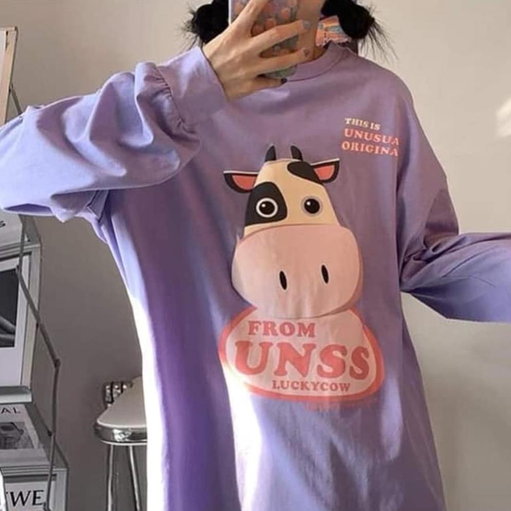 Áo phông TAY DÀI nữ ULZZANG freesize thun form rộng dáng unisex mặc cặp, nhóm, lớp in chữ FROM UNSS hình CON BÒ *