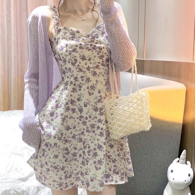 Set áo len khoác mỏng + váy 2 dây ngọt ngào Ulzzang 🌷