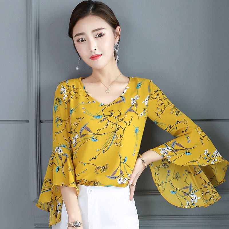Áo kiểu tay loe cổ chữ V in họa tiết hoa thời trang dành cho nữ