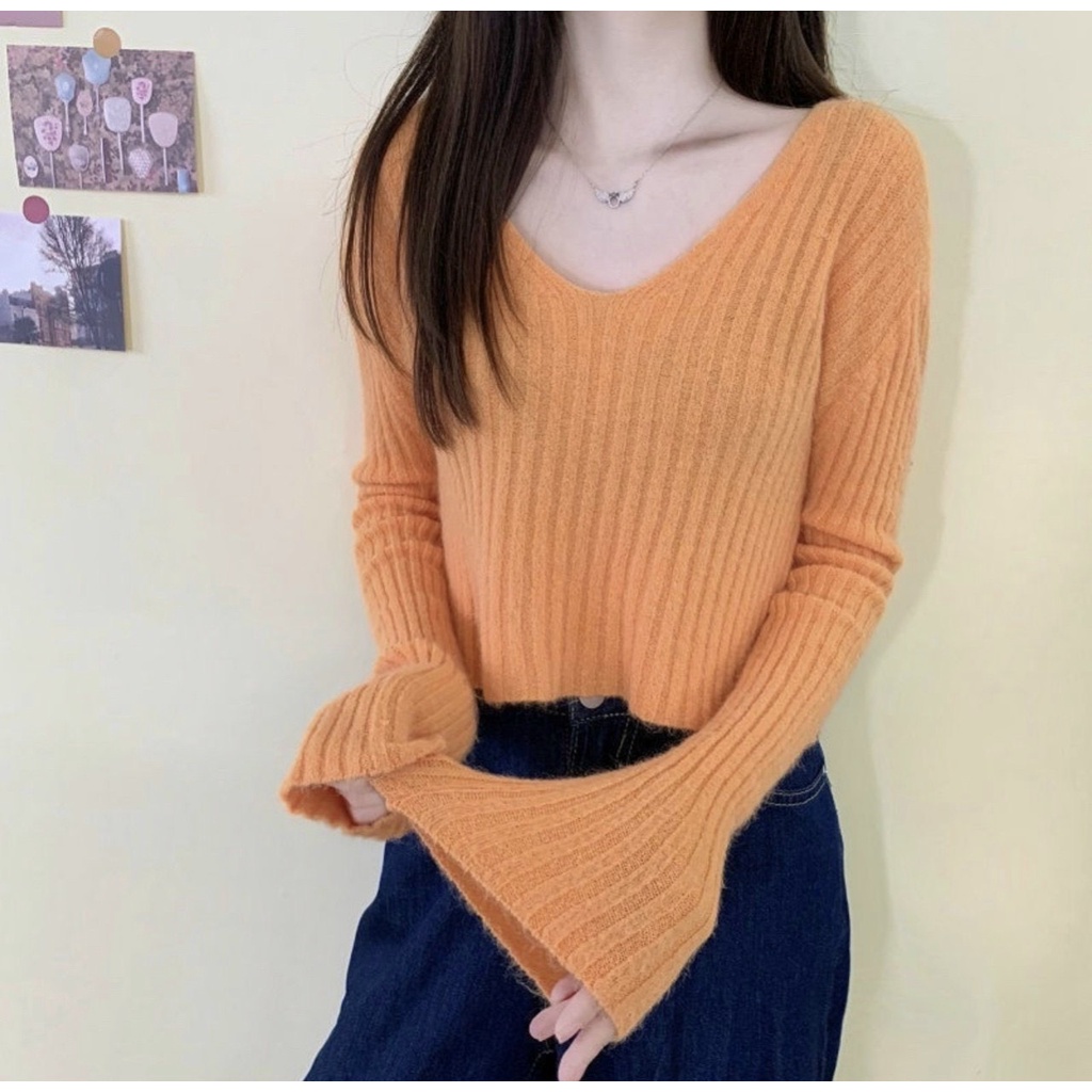 Áo len quảng châu cổ tim tay dài trơn màu CS110