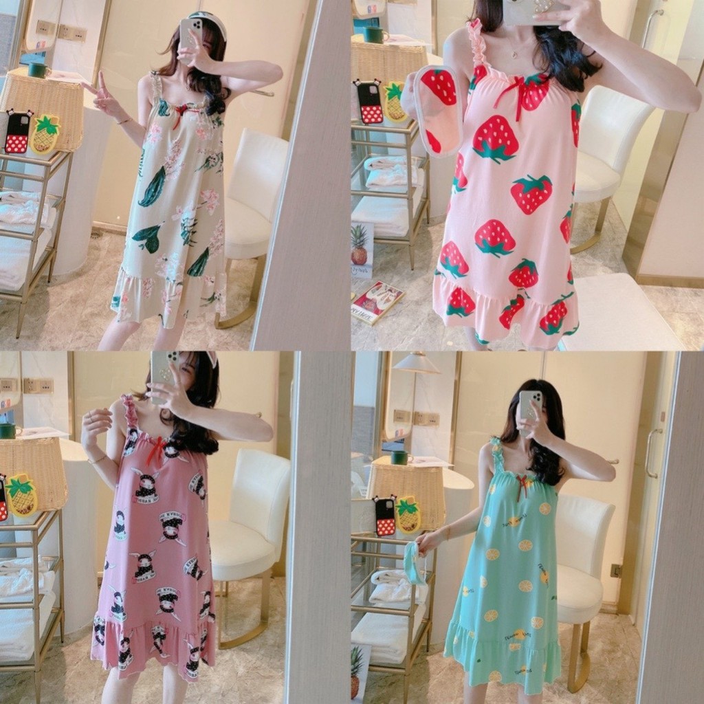 Váy ngủ 2 dây chất thun sữa siêu mát - đầm ngủ họa tiết cute V2D88