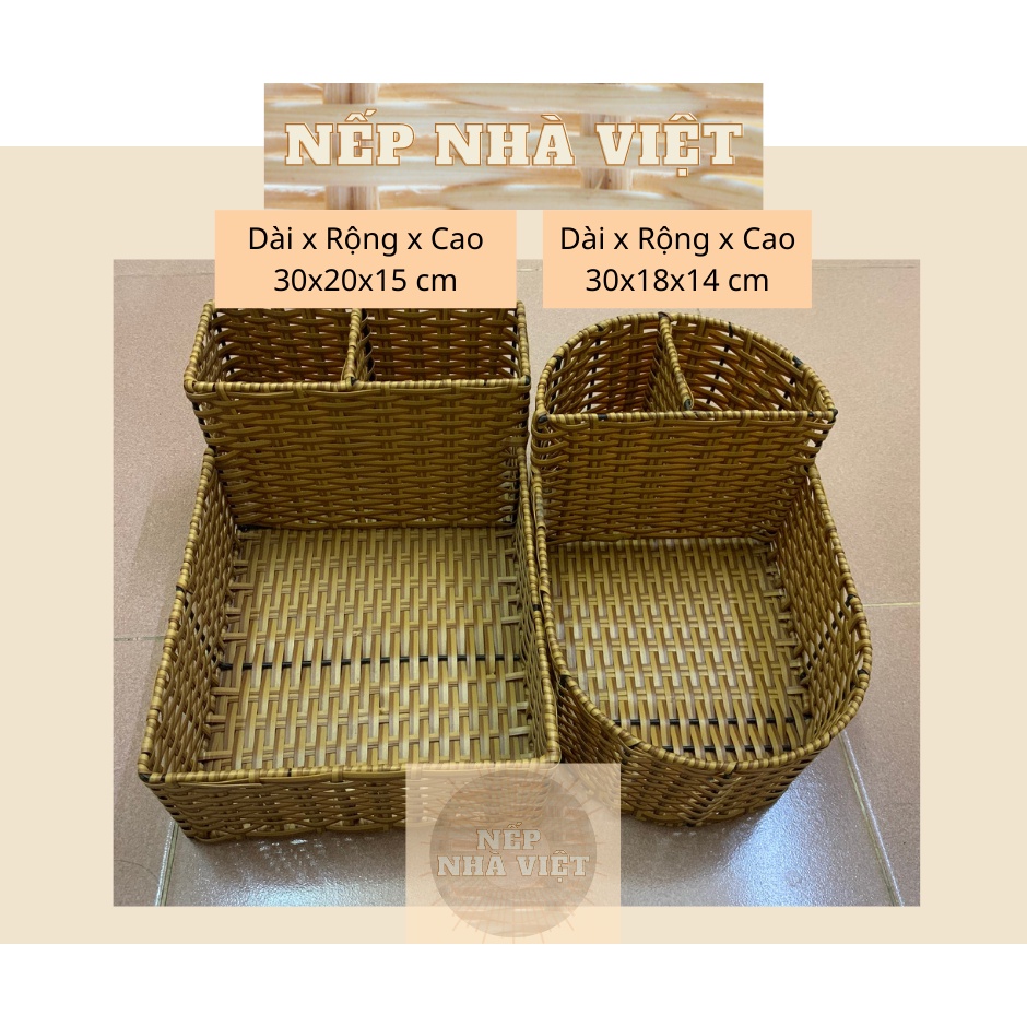 Khay Đựng Muỗng, Đũa, Gia vị... Dạng Tròn Hoặc Vuông Bằng Dây Nhựa Kiểu Mây Tre Lá Đan