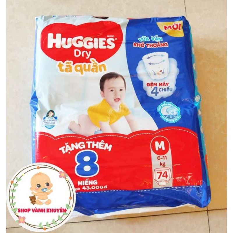 Tã Quần Huggies Dry Gói Cực Đại M74+8 / L68+8 / XL62+8 / XXL56+8 ( tặng kèm 8 miếng ) .