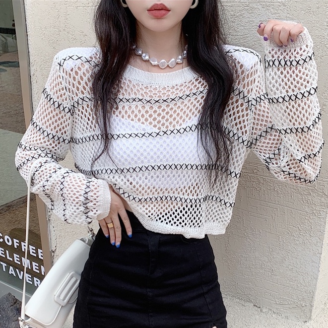 Áo Thun Dệt Kim Mỏng Chống Nắng Họa Tiết Kẻ Sọc Thời Trang Mùa Hè Cho Nữ