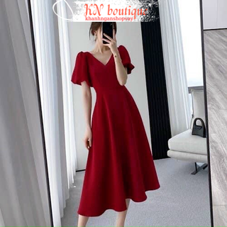Đầm đỏ dự tiệc tiểu thư váy đỏ dáng dài cổ tim xòe diện noel tết xinh K N Boutique
