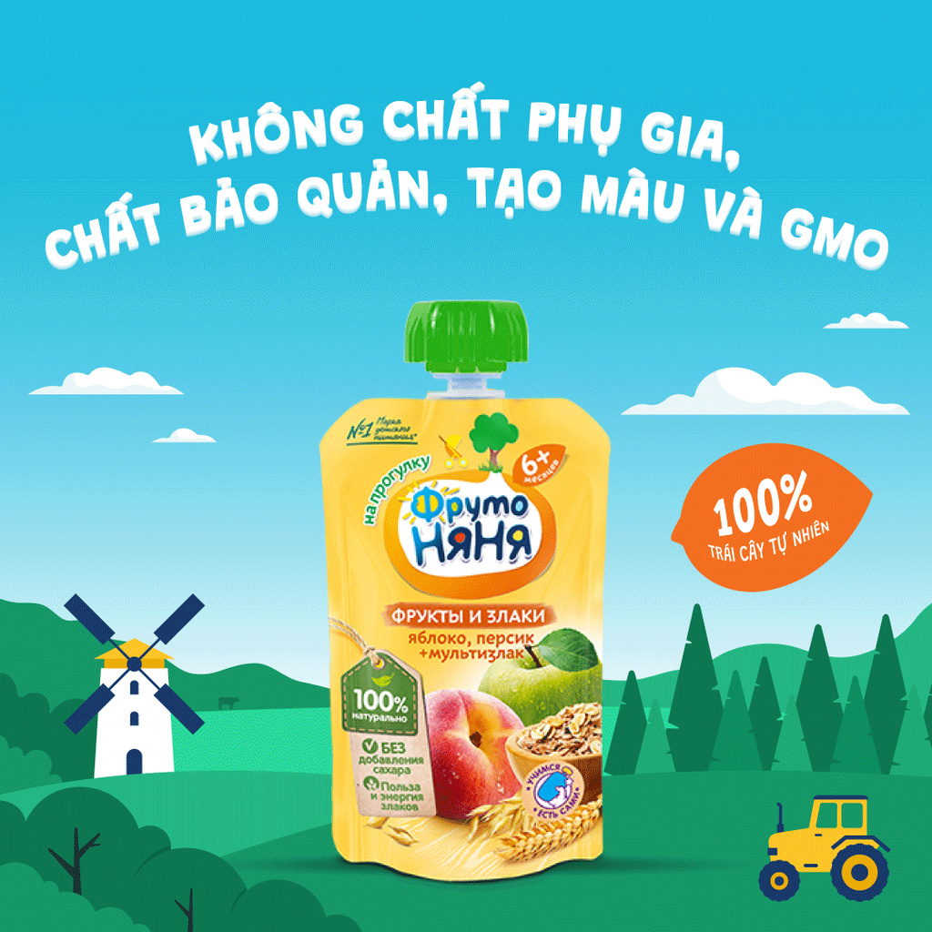 Trái cây nghiền vị táo, đào và ngũ cốc Fruto Nyanya 130g